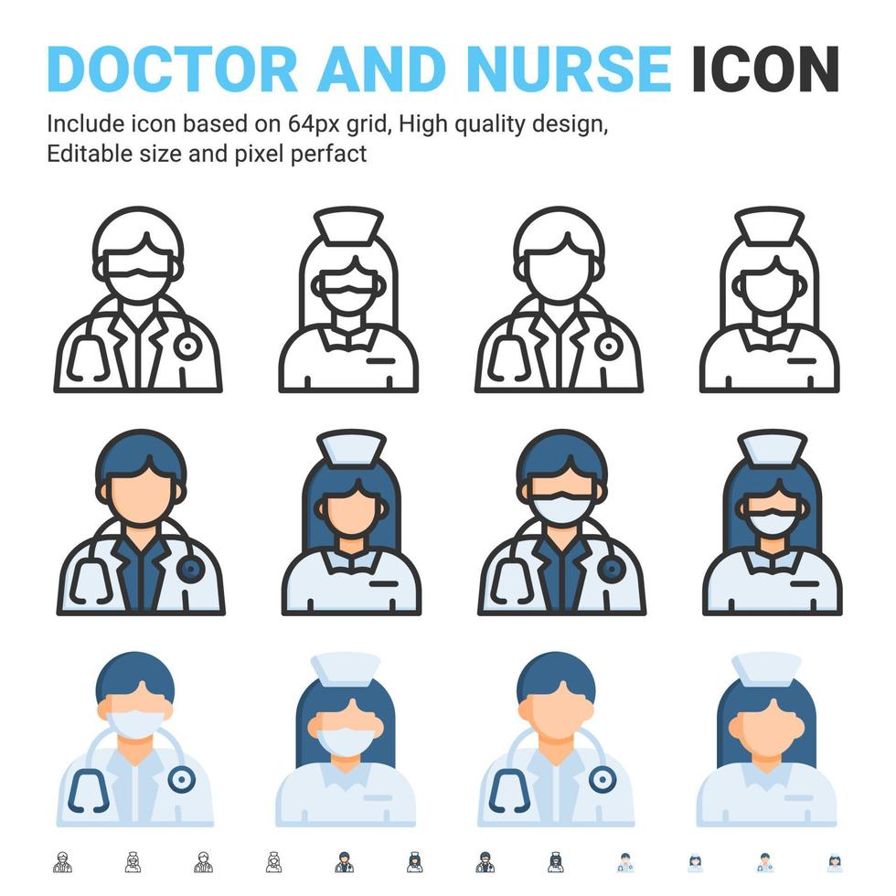 läkare och sjuksköterska med ansiktsmask linje ikoner isolerad på vit bakgrund. vektor illustration hälsoarbetare tecken symbol ikon koncept för sjukhus, sjukvård, klinik, industri, appar, webb och projekt