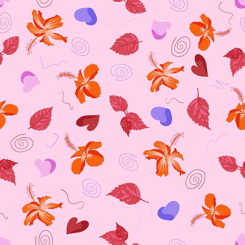volles grafisches Oberflächenmuster-Kunstwerk von Hibiskus rosa Sinensis alias Shoeblackplant. lebendiger und strahlender dunkler Hintergrund, der nahtlose Kunst wiederholt. am besten für Polster- und Textilstoffe. vektor