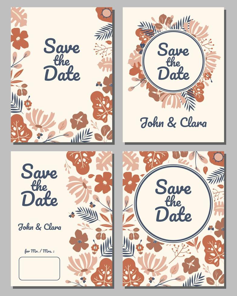 Satz Hochzeitseinladung mit Sommer-Flat-Blätter-Design mit pastellfarbener Abdeckung und brauner Farbe. für Einladungskarten-Broschürenposter und Web-Landung vektor