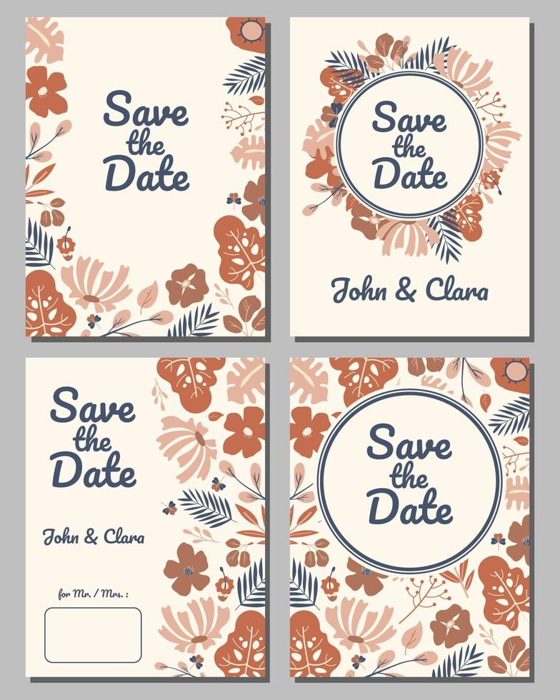 uppsättning av bröllopsinbjudan med sommar platta löv design med pastellfärg omslag och brun färg. för inbjudningskort broschyraffisch och webblandning vektor