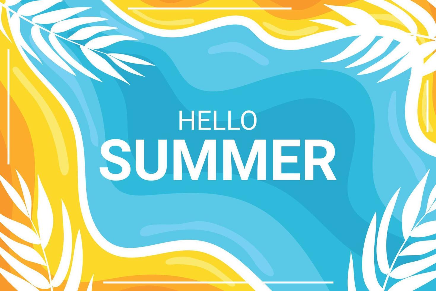 hallo sommerhintergrund mit himmelblauem wasserstrand und dekorativen palmblättern vektor