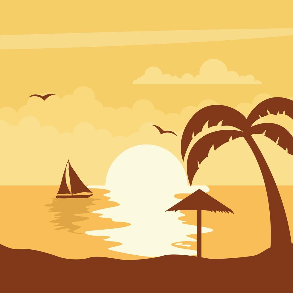 sommar solnedgång med sol på stranden med segelbåt vektor