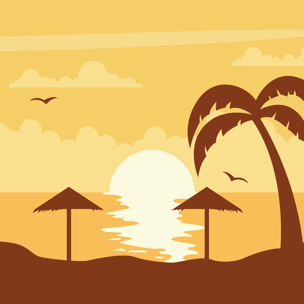 solnedgång på stranden med paraply och palmer vektor
