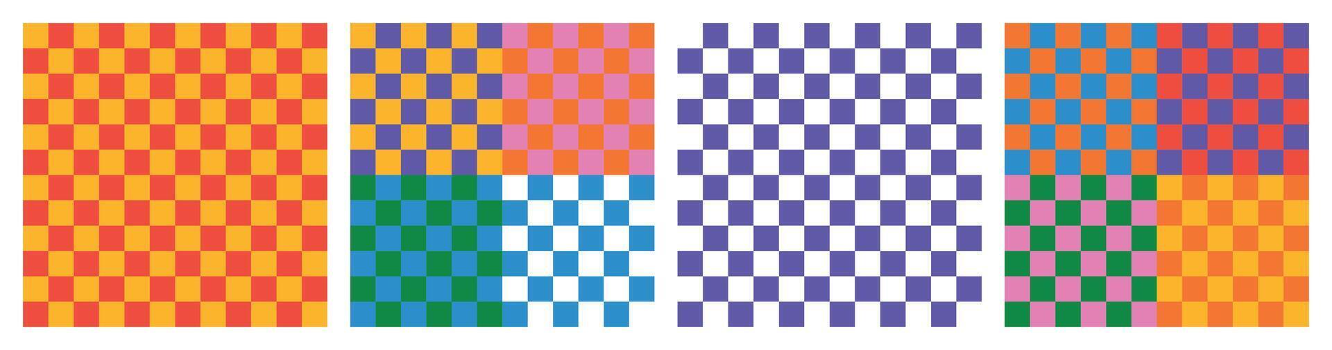 Häftigt enkel geometrisk y2k bakgrunder. färgrik trendig checker styrelse fyrkant sömlös mönster samling. uppsättning av geometrisk pastell fyrkant bakgrund i årgång 90s stil, häftig flerfärgad retro vektor