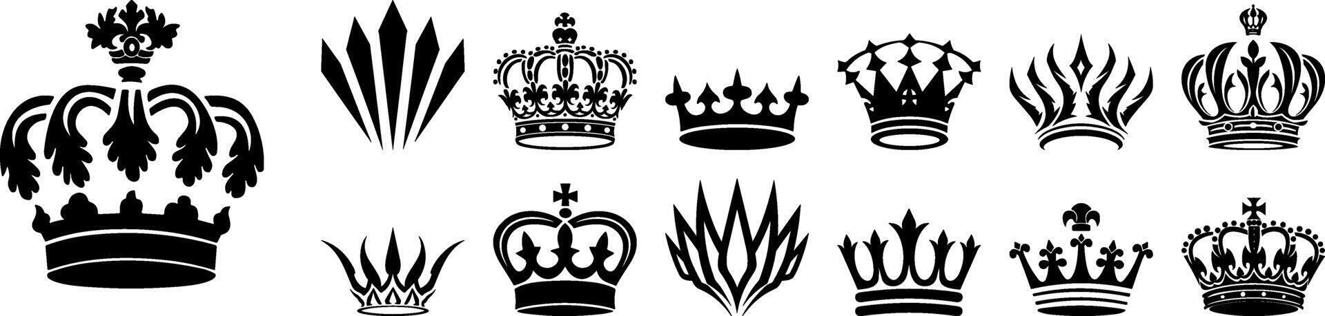 krona ikon uppsättning. krona tecken samling. krona kung eller drottning mega ikon uppsättning. kunglig krona symbol. heraldisk platt svart silhuetter isolerat på vit bakgrund. kunglig huvud Tillbehör, hatt emblem vektor