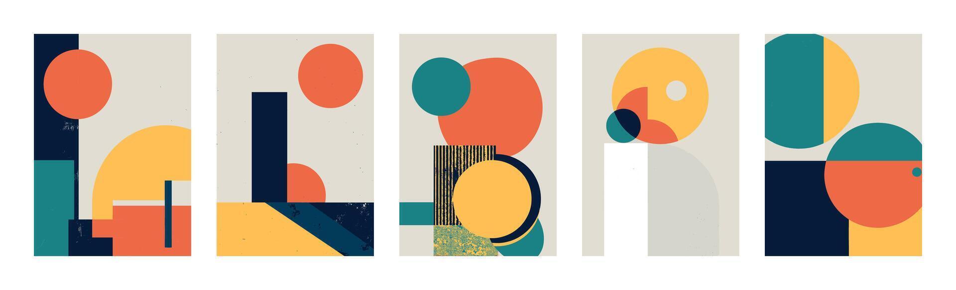 bauhaus formulär. minimal 20s geometrisk samtida grafisk design uppsättning. cirkel, rader, fyrkant konst. posters med modern geometrisk skriva ut mönster med abstrakt siffror och enkel primitiv former vektor