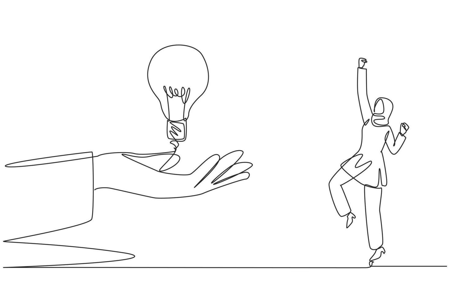 enda ett linje teckning arab affärskvinna är upphetsad till skaffa sig glödlampa från en jätte hand. brainstorming. bäst lösning. tillhandahålla innovation. Bra aning. kontinuerlig linje design grafisk illustration vektor