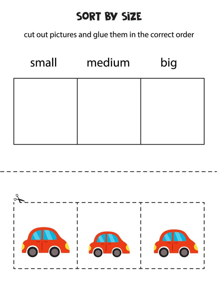 Sortieren Karikatur rot Spielzeug Autos durch Größe. lehrreich Arbeitsblatt zum Kinder. vektor