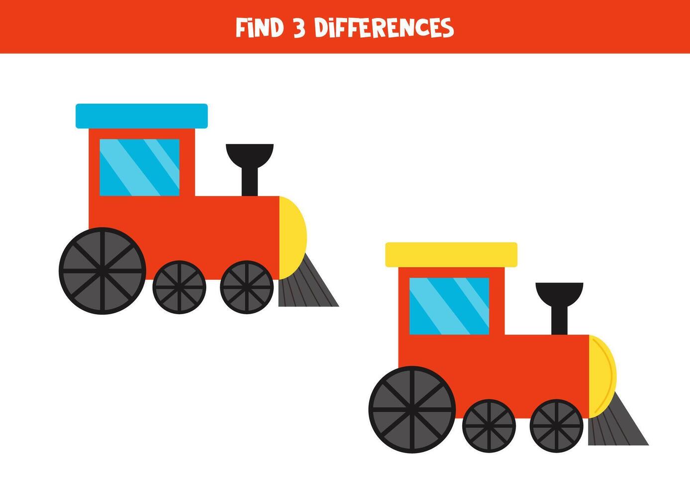 finden 3 Unterschiede zwischen zwei süß Karikatur Spielzeug Züge. vektor