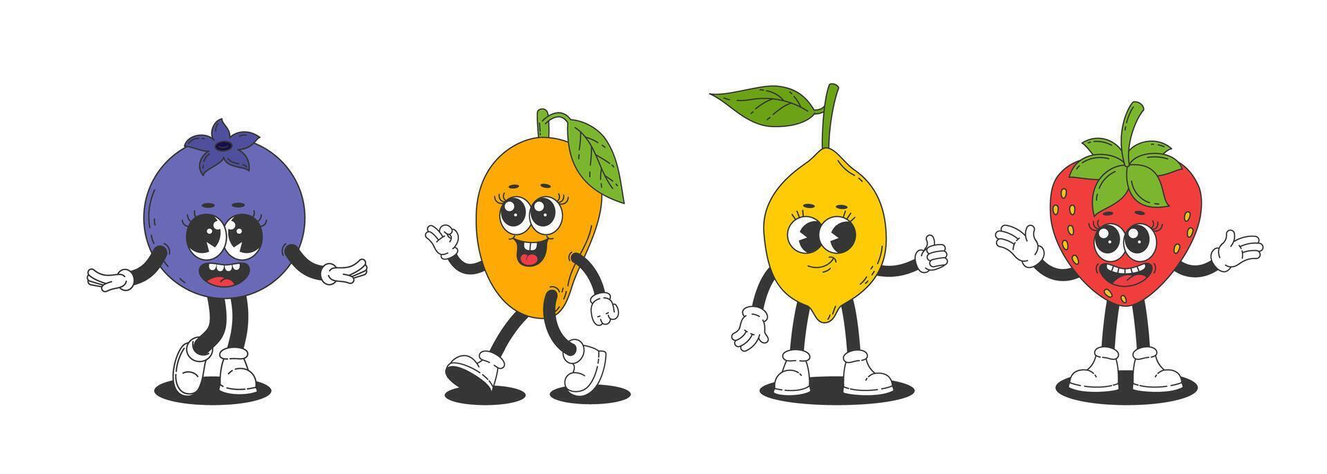 uppsättning av retro frukt tecken med vapen och ben. banan, päron, mango, plommon. illustration vektor