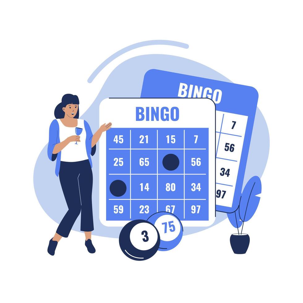 platt design av kvinna vinnare och bingo lotteri bollar vektor