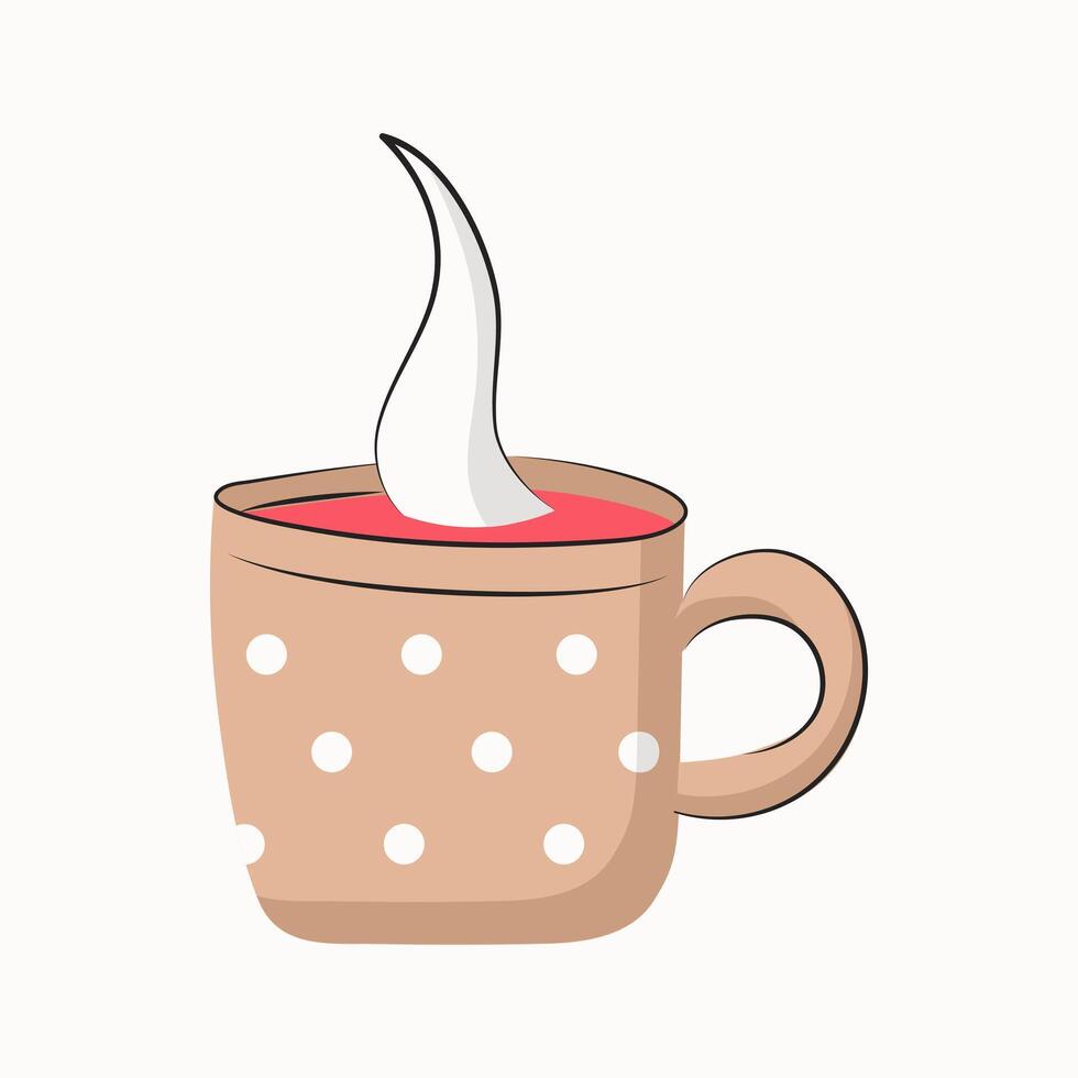 gemütlich Becher mit heiß Himbeere Tee. Beige Tasse im Kreise. Geschirr mit heiß duftend trinken. Zuhause Atmosphäre, drinnen. isoliert Artikel. eben Design mit Umriss. Illustration. vektor