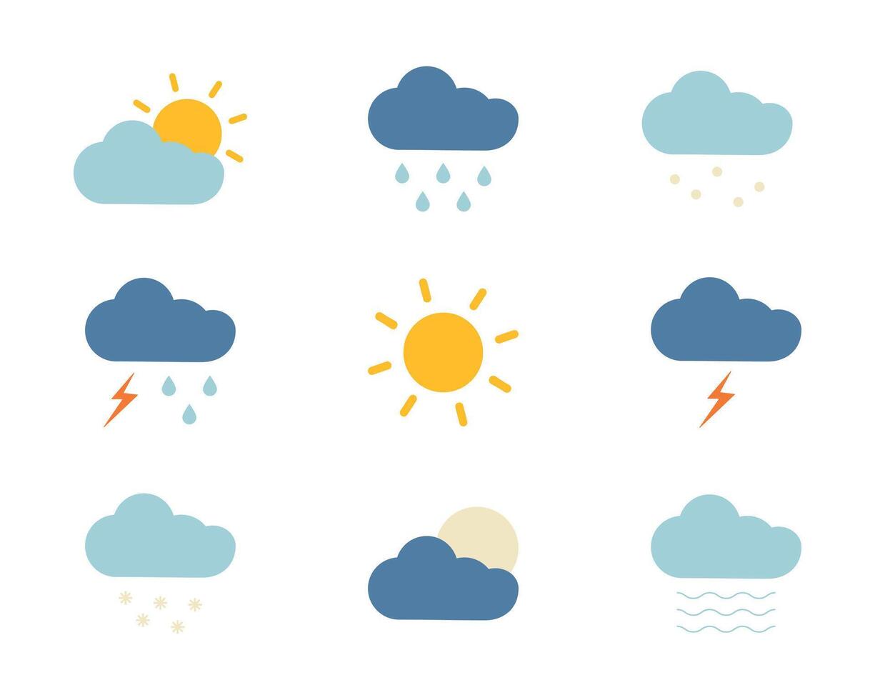 uppsättning av färgad väder prognos ikoner. moln och nederbörd. regn, snö och hagel. Sol och måne. blixt, åskväder och dimma. värma klimat. solig och varm väder. illustration. vektor