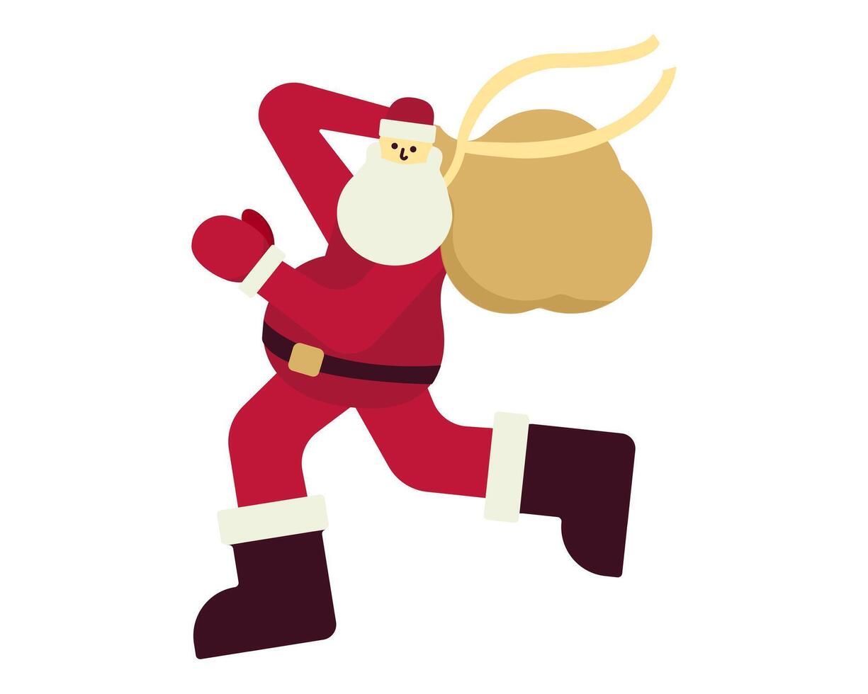 Santa claus läuft mit ein Tasche von Geschenke. Neu Jahr Charakter ist im Eile im Bewegung. festlich rot passen und Weiß Bart. haben Zeit zu verteilen Geschenke zu Kinder. isoliert. Farbe Bild. Illustration vektor