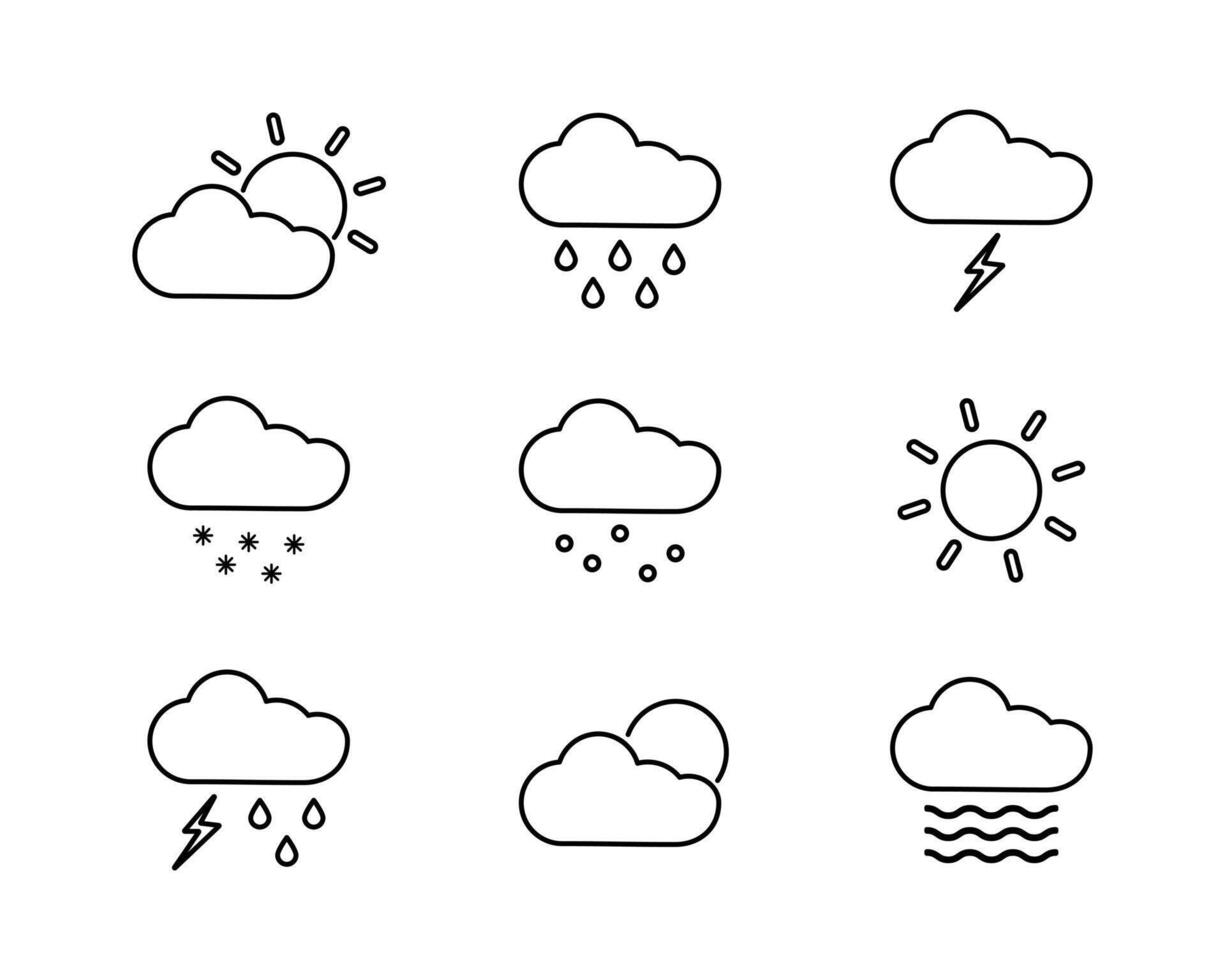 uppsättning av översikt ikoner väder prognos. Sol, moln och nederbörd. blixt, åskväder och dimma. regn, snö och hagel. solig och varm väder. värma och kall klimat. linje symboler. illustration. vektor
