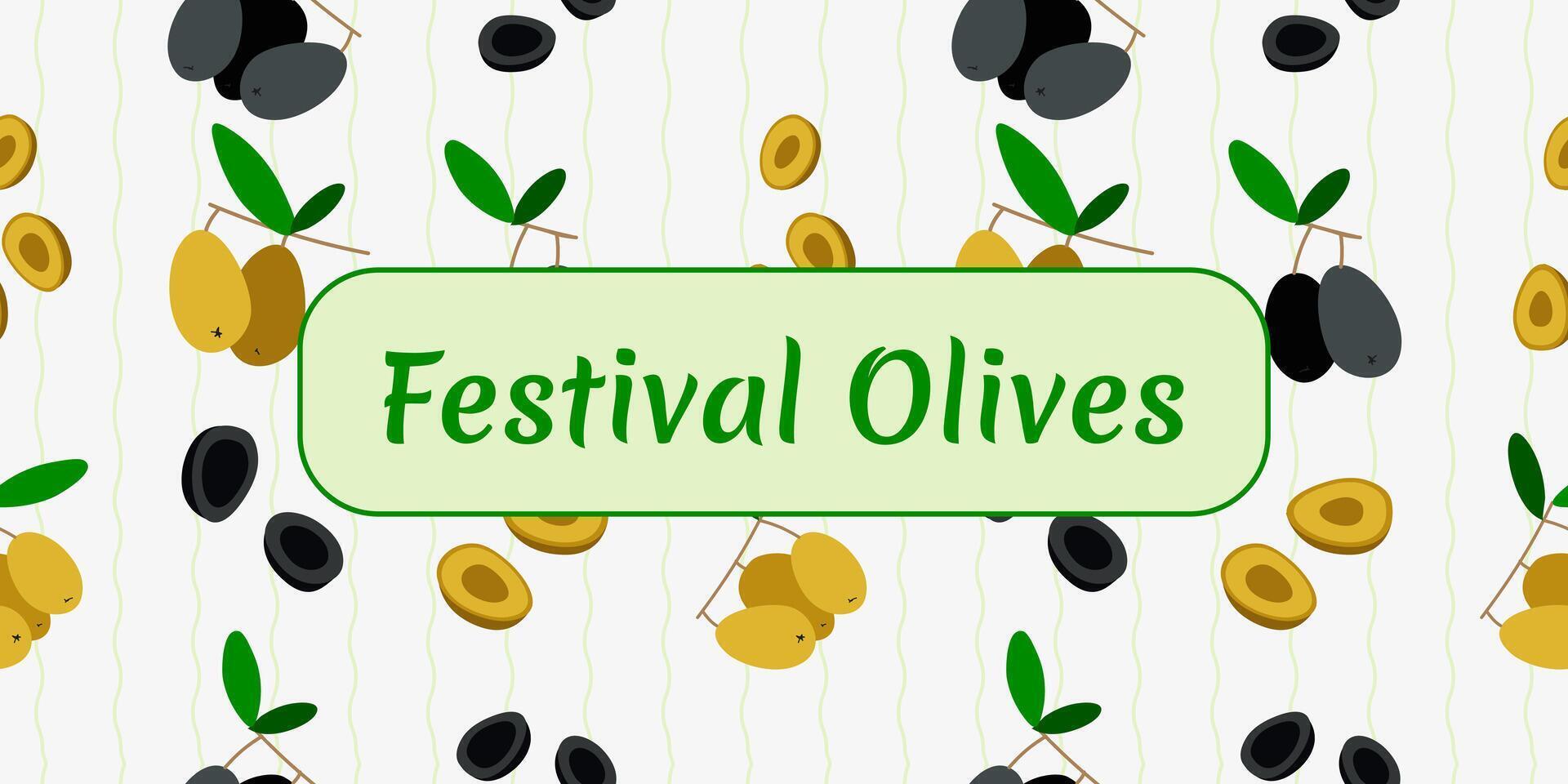 oliv festival i Spanien. mönster svart och grön oliver med löv och Ränder. sektion av de frukt. vykort med Semester text. illustration. vektor