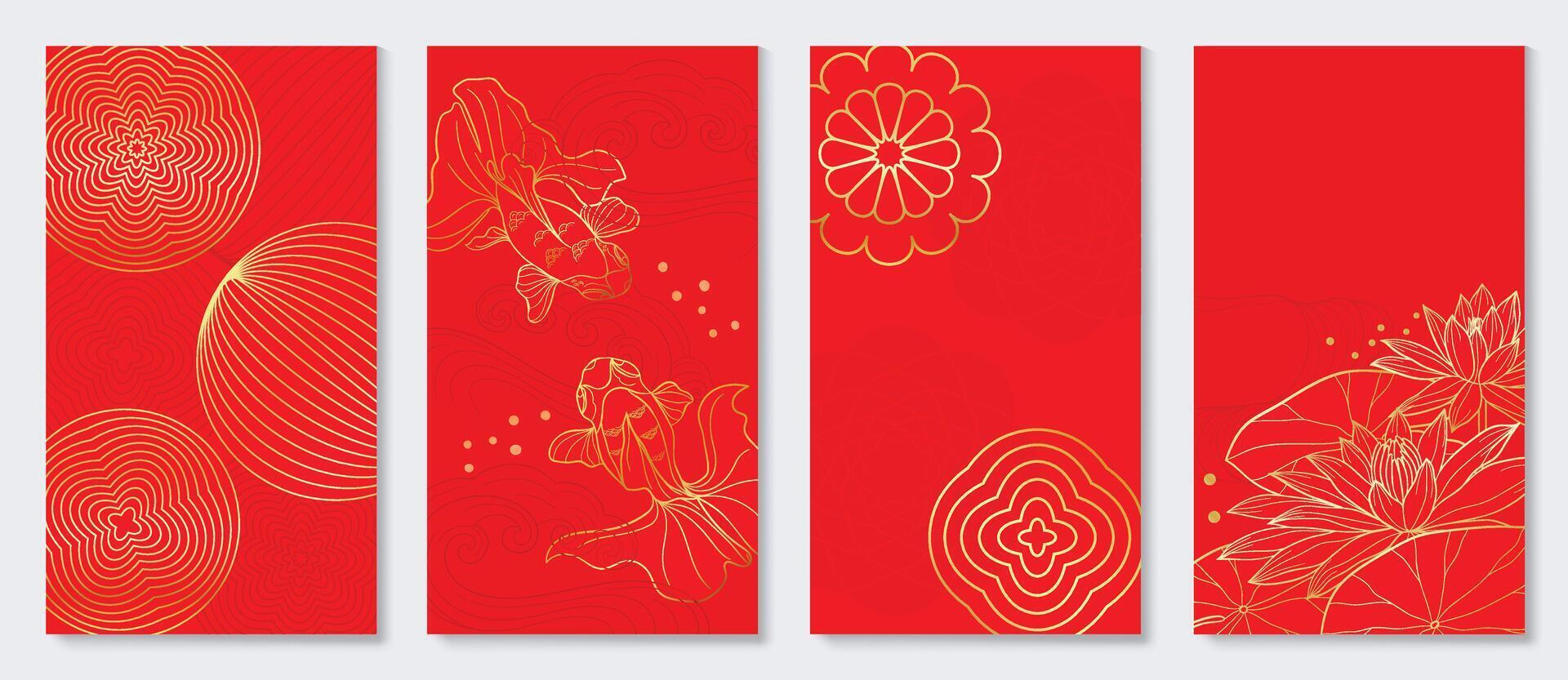 glücklich Chinesisch Neu Jahr Startseite Hintergrund . Luxus Hintergrund Design mit Goldfisch, Lotus Blume, Laterne. elegant orientalisch Illustration zum Abdeckung, Banner, Webseite, Kalender, Karte. vektor