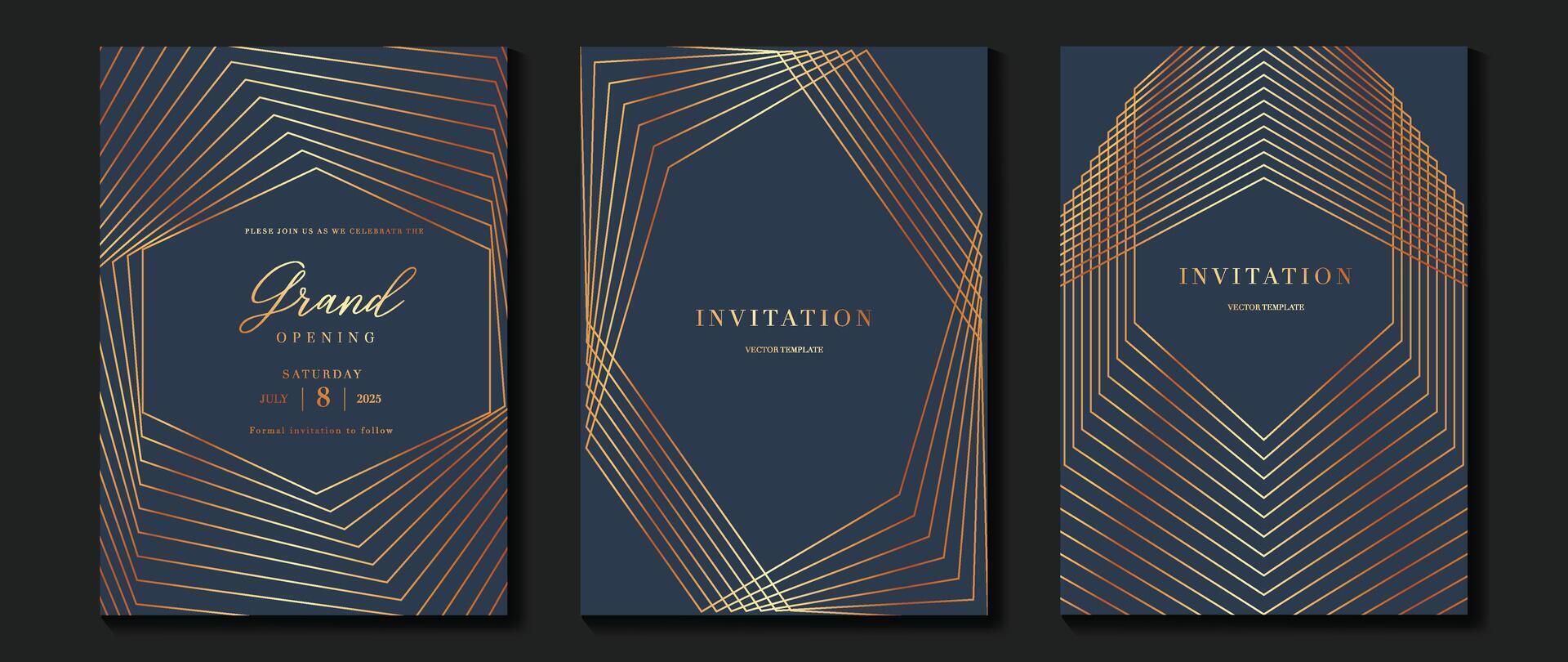 Luxus Einladung Karte Hintergrund . golden elegant geometrisch Form, Gold Linien Gradient auf Marine Hintergrund. Prämie Design Illustration zum Gala Karte, großartig Öffnung, Hochzeit, Party Einladung. vektor