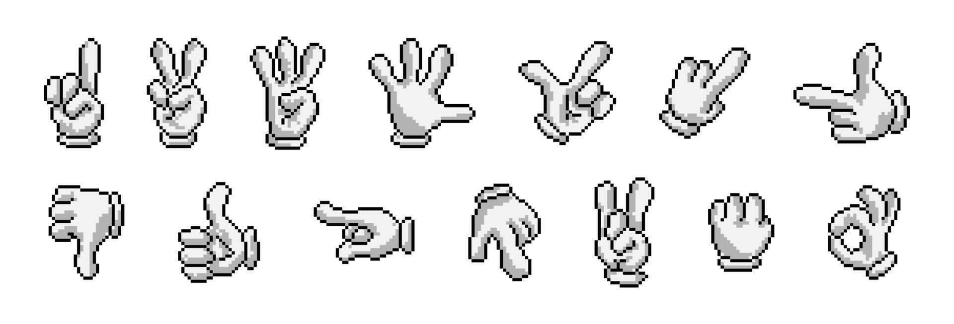 hand gest pixel tecknad serie stil uppsättning. handflatan gester pixelated samling. vektor