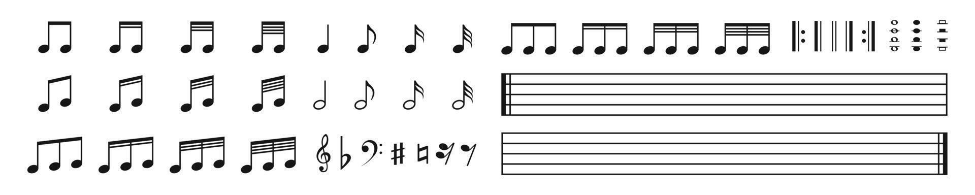 musik anteckningar och nycklar uppsättning. musikalisk notation ikoner. vektor