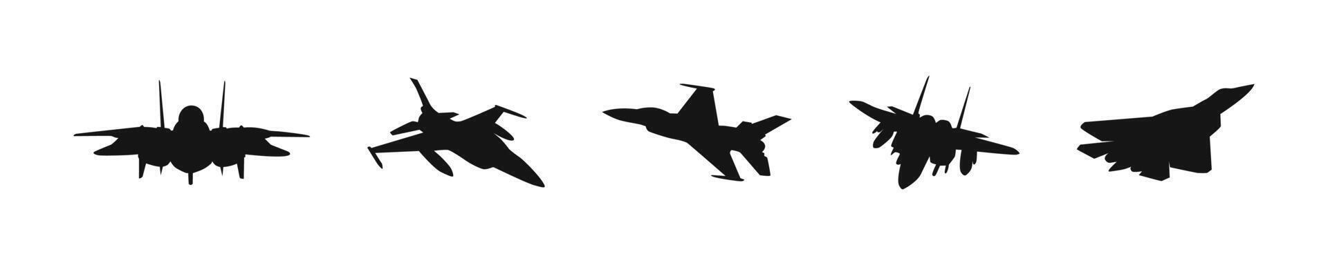 Jet Kämpfer Silhouette Satz. Militär- Flugzeug eben schwarz Sammlung. vektor