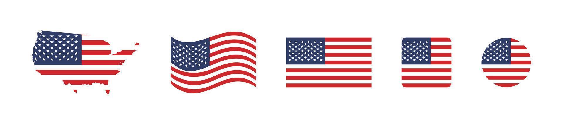 amerikan nationell flagga annorlunda former uppsättning. USA flaggor emblem. förenad stater av Amerika patriotisk symbol uppsättning. vektor