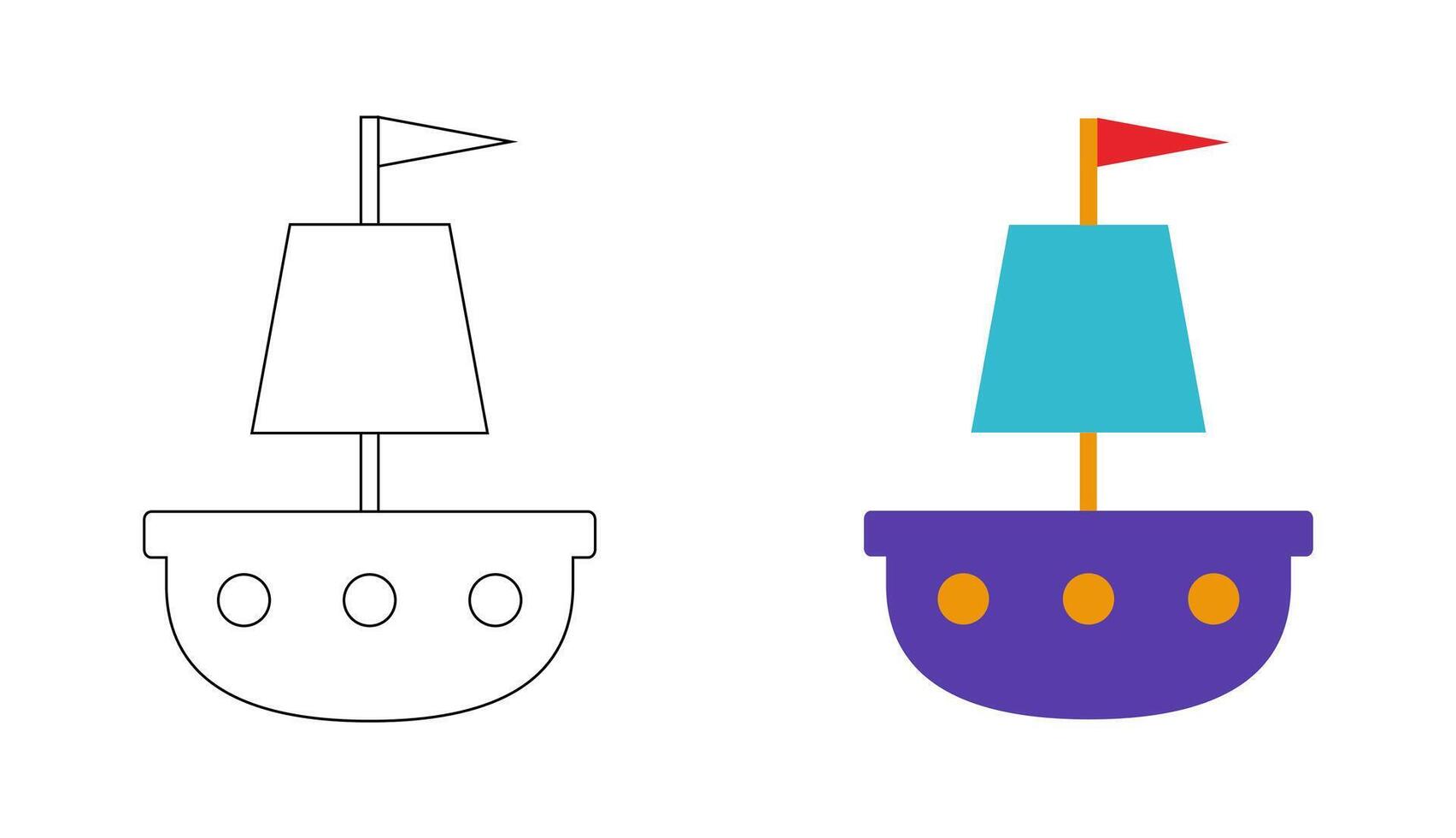 Färbung Buch Illustration. segeln Boot Pirat Schiff zum Kinder einfach Karikatur Design Element. Gliederung schwarz Kontur und farbig Symbole. vektor