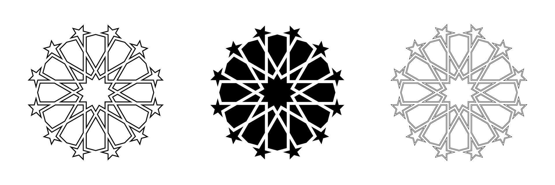 geometrisk design element ikoner uppsättning. översikt och svart silhuett isolerat former. islamic arabicum stil logotyp och dekoration samling vektor