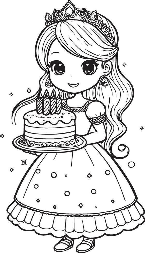 Prinzessin halten ein Kuchen, kawaii Karikatur Figuren, süß Linien und Farben, Färbung Seite vektor