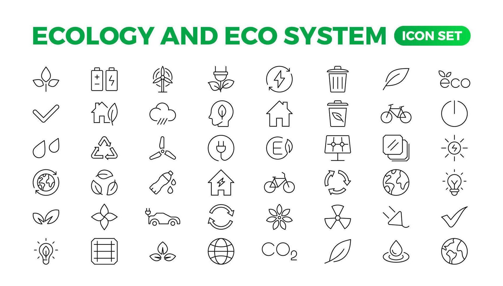 ekologi ikon uppsättning. miljövänligt ikon, natur ikoner uppsättning. linjär ekologi ikoner. miljö- hållbarhet enkel symbol. enkel uppsättning av linje ikoner. global uppvärmning, skogar, organisk jordbruk. vektor