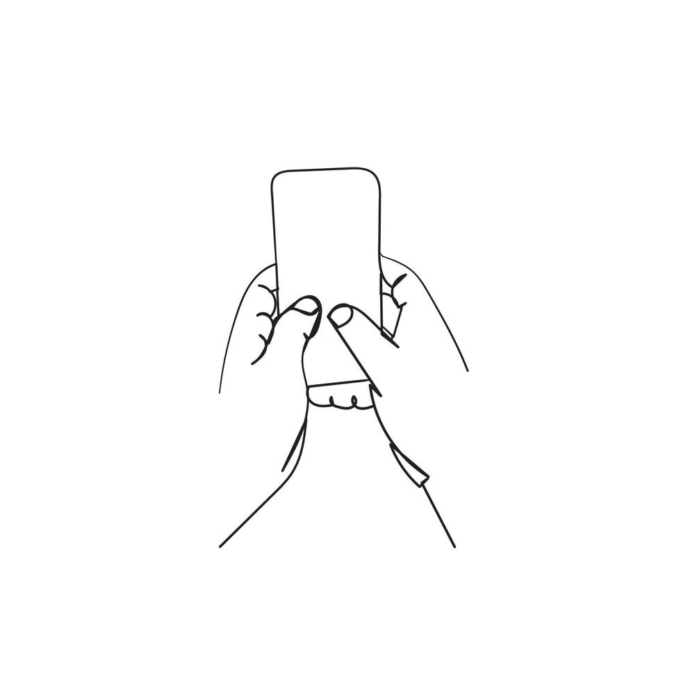 en rad ritning hand som håller smart telefon illustration doodle vektor