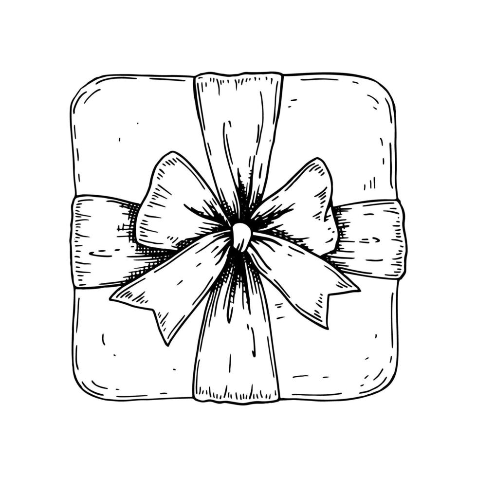 handritad lyx presentförpackning med en rosett. toppvy. vektor illustration i en skiss stil isolerad på vit bakgrund