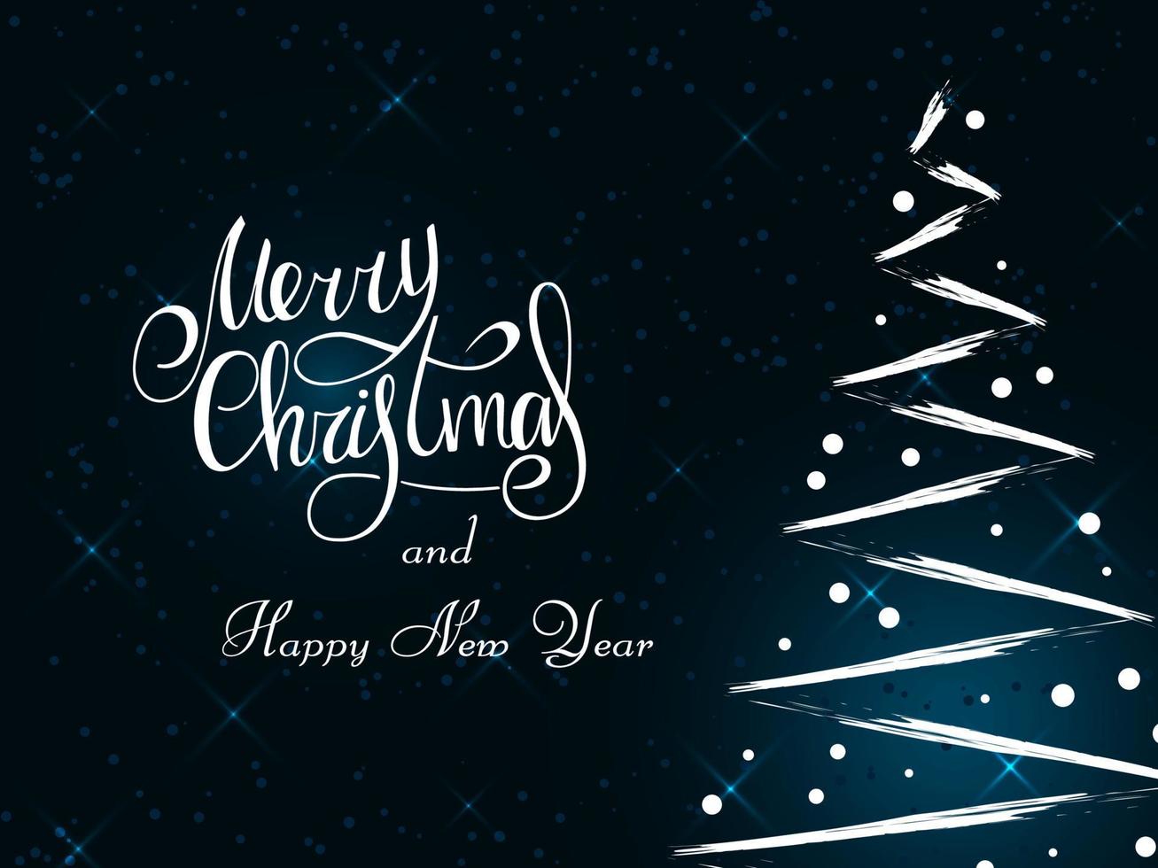handgeschriebener weißer Schriftzug auf dunkelblauem Hintergrund. magischer weißer Weihnachtsbaum aus Pinselstrichen mit Schneeflocken. Frohe Weihnachten und einen guten Rutsch ins neue Jahr 2022. vektor