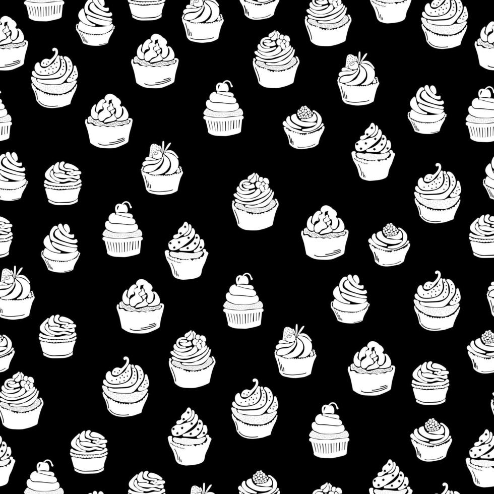 nahtloses Muster aus weißen Silhouetten von Cupcakes mit unterschiedlichem Creme- und Fruchtdekor auf schwarzem Hintergrund, süßes Gebäck für den Urlaub vektor