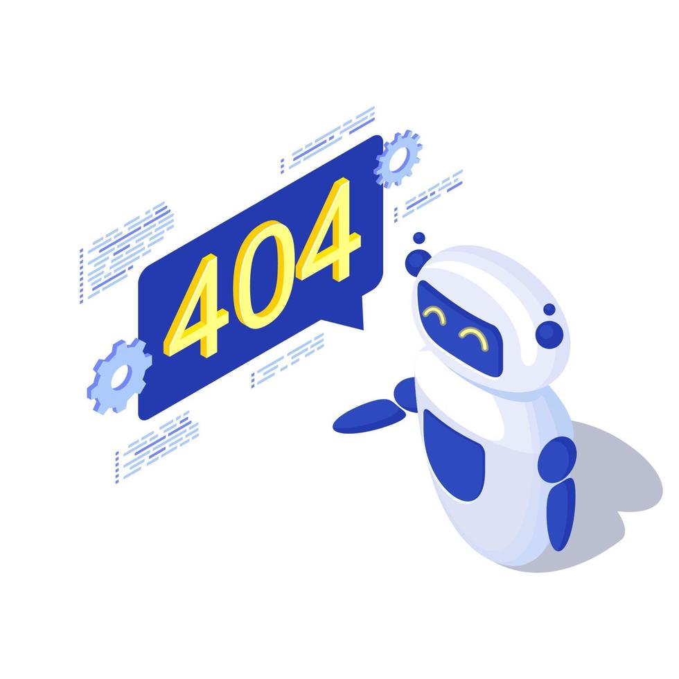 servern hittades inte automatiserad meddelandegenerering isometrisk illustration. robot, ai-assistent med 404-meddelande i pratbubblan. frånkopplad server, problem med trasig länk. fel på webbsökning vektor