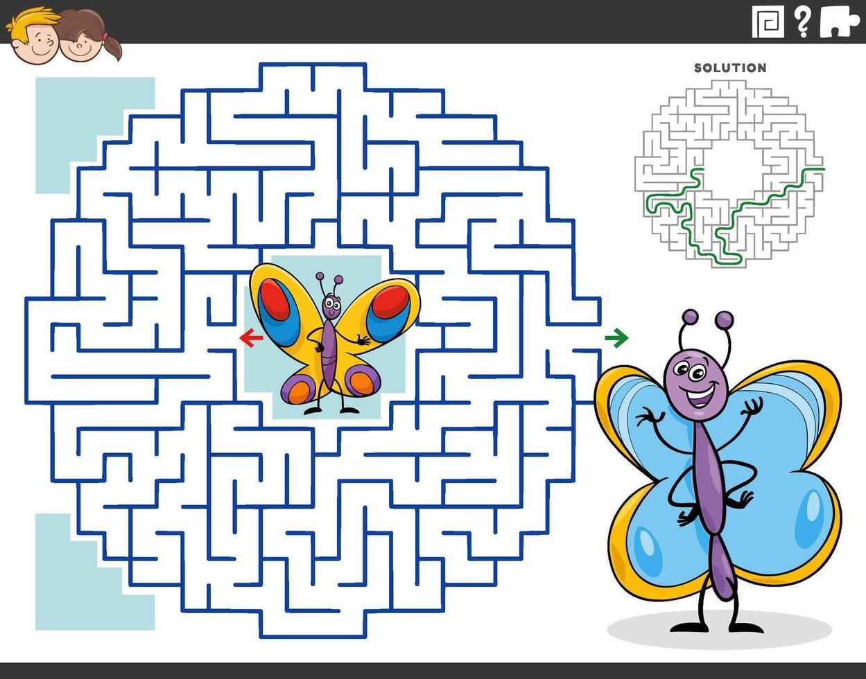 labyrint spel med tecknad serie fjärilar insekt tecken vektor