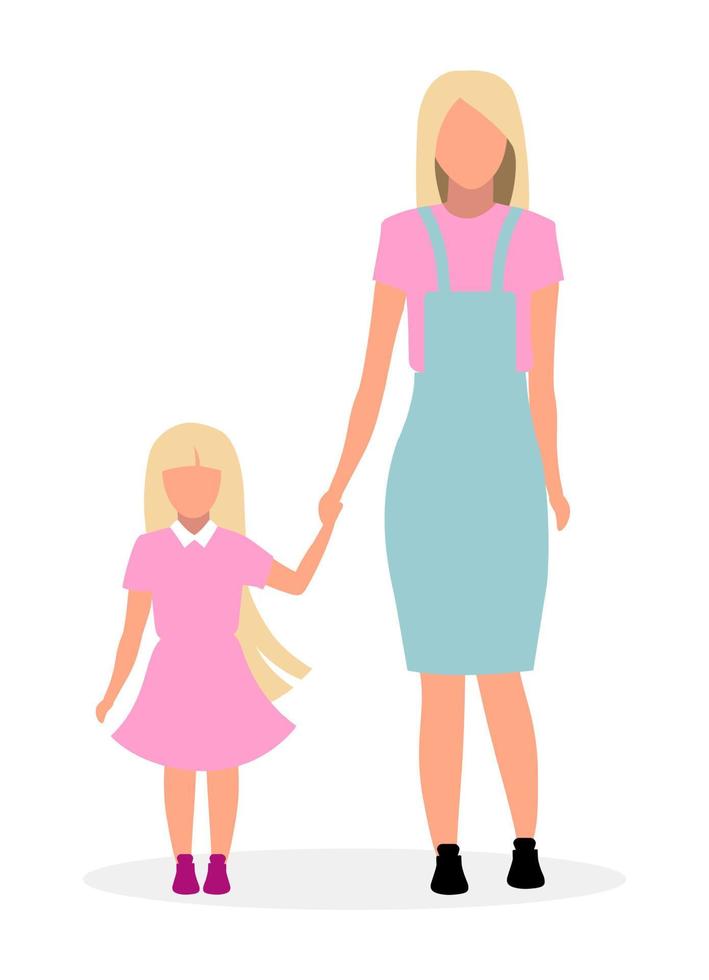 blond mamma med söt dotter platt vektorillustration. förälder med förskoleflicka håller hand seriefigurer isolerad på vit bakgrund. elegant ung dam med barn i rosa klänning promenader vektor