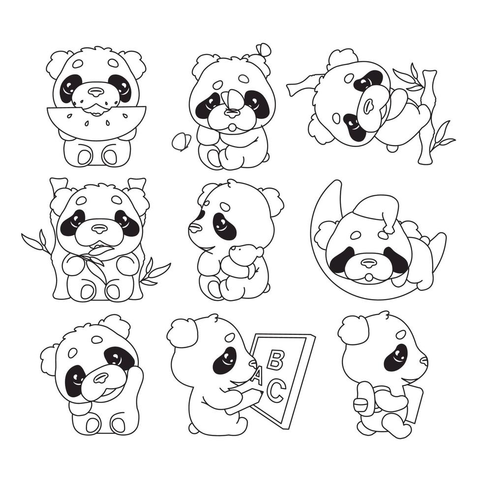Niedlicher Panda Kawaii Linear Characters Pack. entzückende, glückliche und lustige Tiere, die Wassermelone essen, Bambus isolierte Aufkleber, Patches. Anime Baby Panda Bär Gekritzel Emojis dünne Linie Symbole vektor