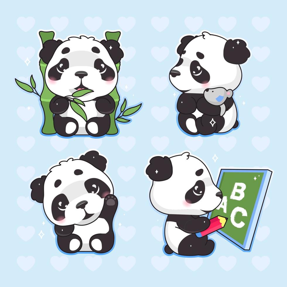 Süßer Panda kawaii Cartoon-Vektor-Zeichensatz. bezauberndes, glückliches und lustiges Tier, das Bambus isst, winkender handisolierter Aufkleber, Patches-Pack. Anime Baby Boy Panda Bär Emoji auf blauem Hintergrund vektor