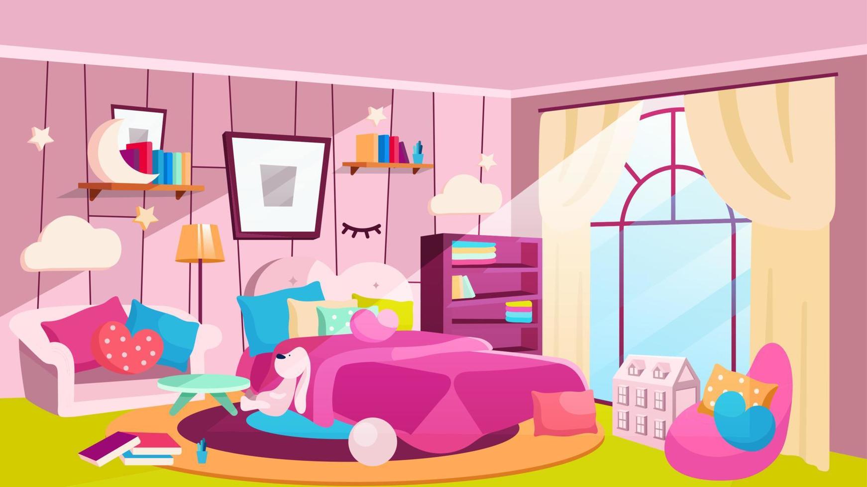 flickor sovrum på dagtid platt vektorillustration. rymligt rum med säng, bokhyllor, bild på vägg. flickaktig husinteriör med rosa soffa, fåtölj, filt. dekorativa molnformade lampor vektor