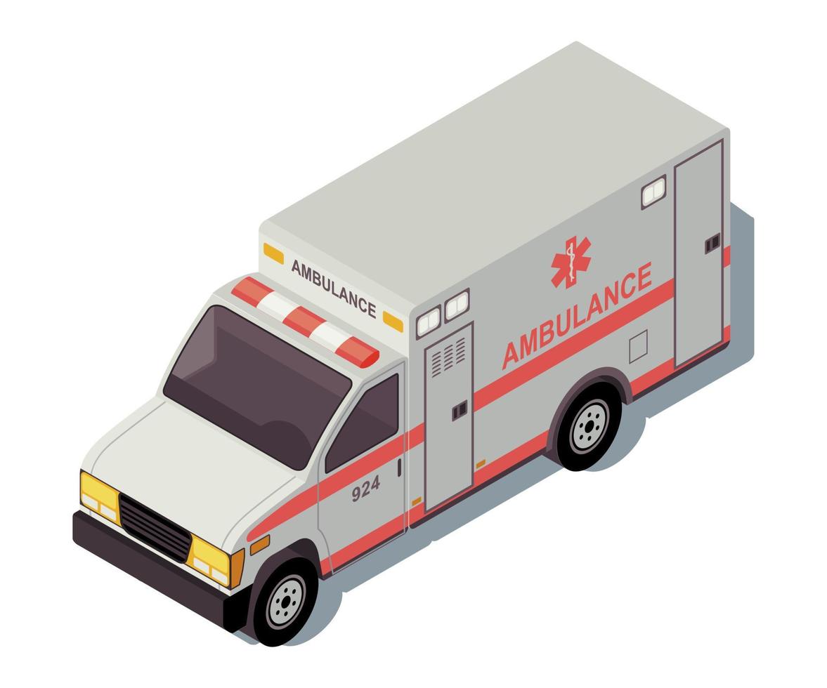 Krankenwagen isometrische Farbvektorillustration. Infografik zum Stadtverkehr. Notdienst Kleinbus. Erste Hilfe. Medizinische Hilfe. städtischer Verkehr. Auto-3D-Konzept isoliert auf weißem Hintergrund vektor