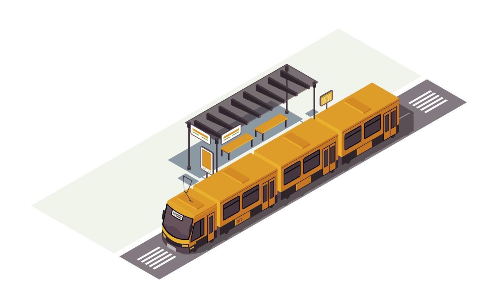 Straßenbahnhaltestelle isometrische Farbvektorillustration. Wartestation. Infografik für den öffentlichen Nahverkehr. Stadtverkehr. Stadtverkehr. Auto-3D-Konzept isoliert auf weißem Hintergrund vektor