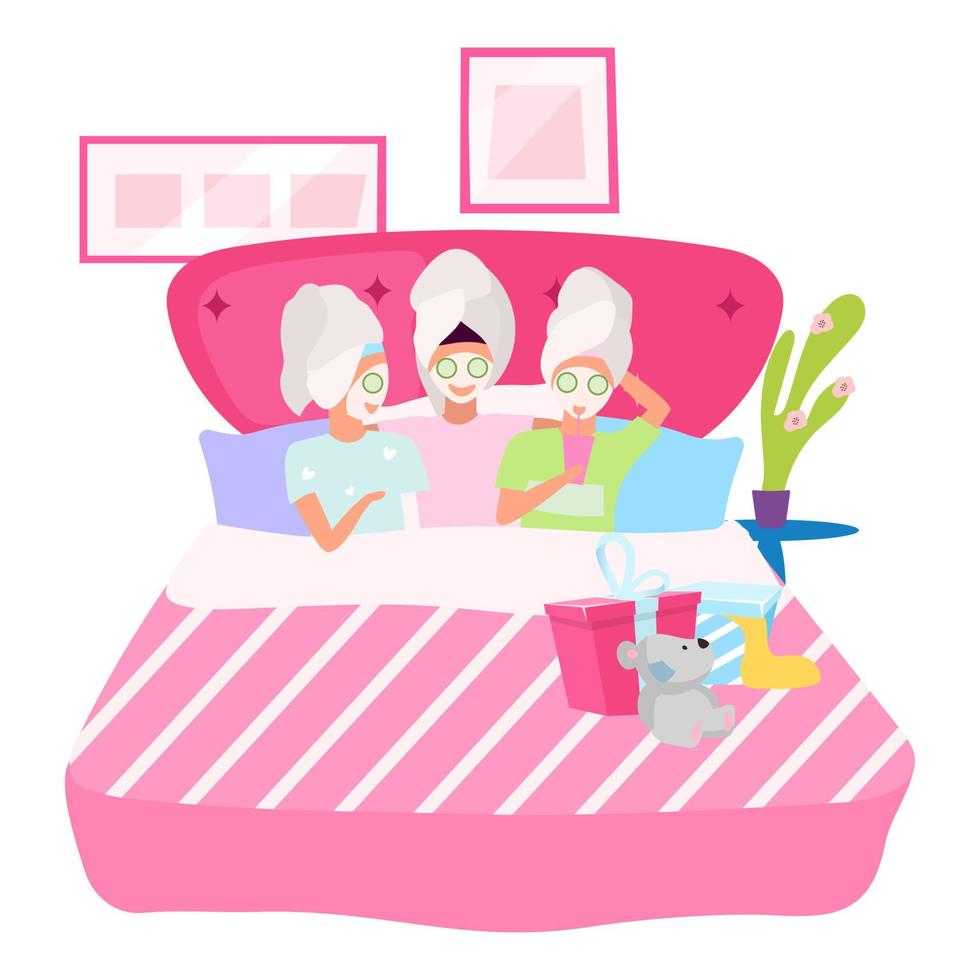 Mädchen Nacht flache Vektor-Illustration. Freundinnen, die Gesichtsmasken Zeichentrickfiguren anwenden. Freundinnen im Bett, schlafen zusammen. schlummer, Übernachtungsgeburtstagsfeierkonzept. Wellnesstag zu Hause vektor