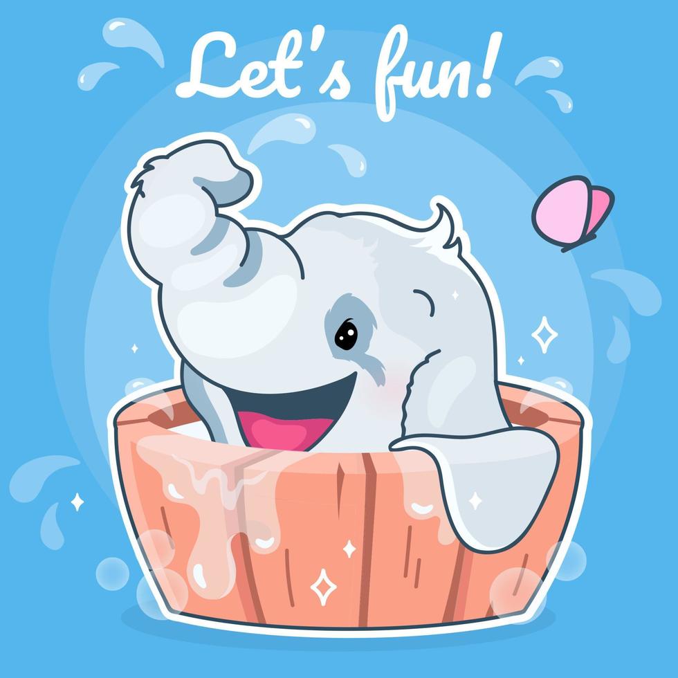 söt elefant kawaii karaktär sociala medier post mockup. låter roliga bokstäver. positiv affisch, kortmall med baddjur i badkar. layout för innehåll i sociala medier. tryck, barn bok illustration vektor