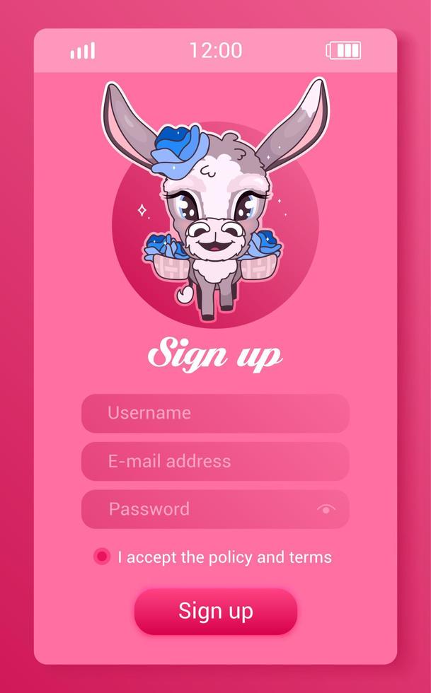 åsna barn mobil app skärm med tecknad kawaii karaktär. registrera dig, skapa konto smartphone flickaktigt spel, sociala medier applikation mockup. användarprofil registrering rosa sidor med djur vektor