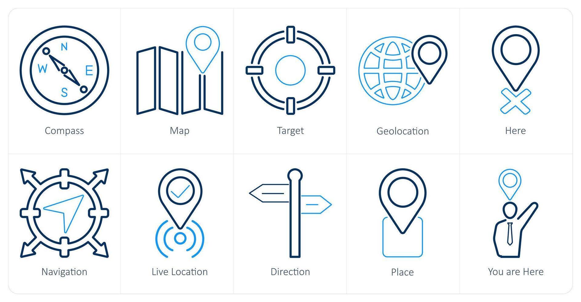 en uppsättning av 10 plats ikoner som kompass, Karta, mål vektor