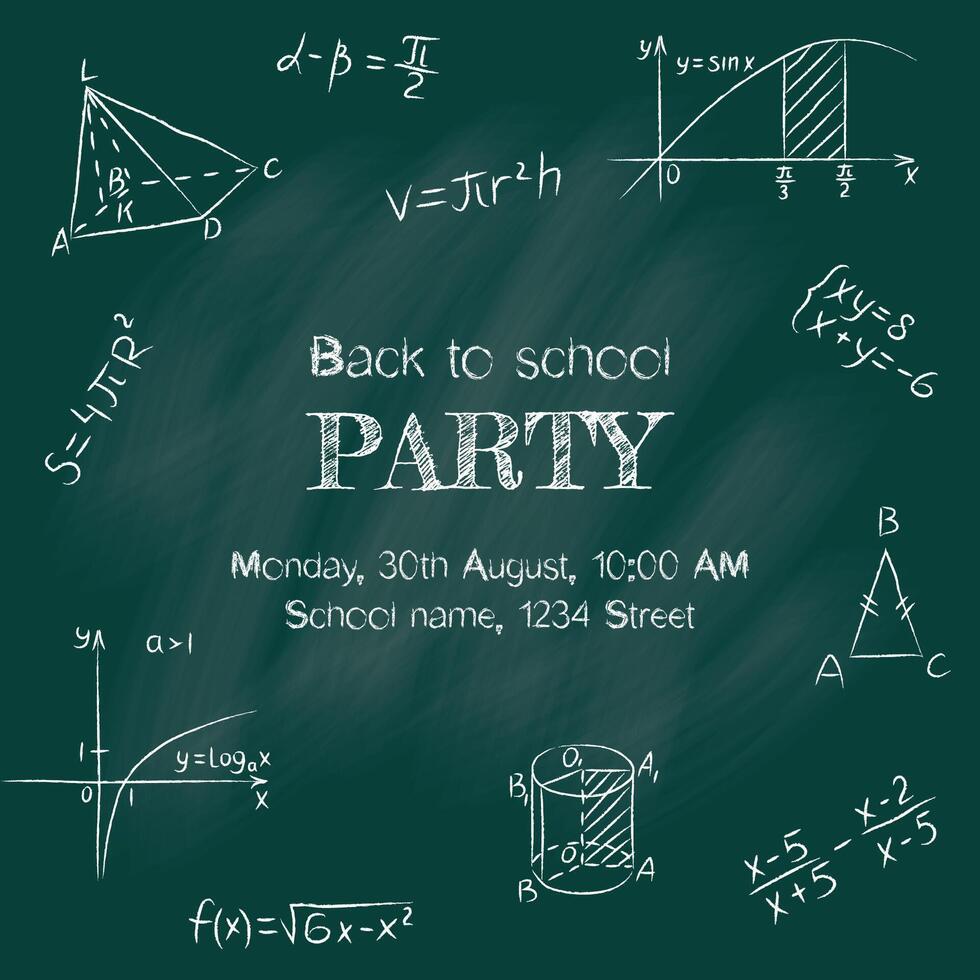 zurück zu Schule Party Banner. Kreide Gekritzel Mathematik Tafel. runden Design Vorlage umfassen von handgeschrieben mathematisch Zahlen, Dreieck, Geometrie Funktionen, Formel, Berechnung und Gleichung vektor