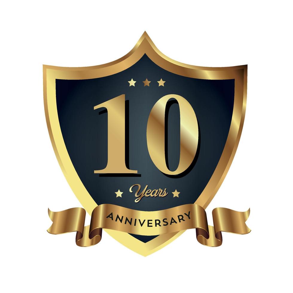 10-årsjubileum firar text företag affärsbakgrund med siffror. vektor firande årsdagen händelse mall mörkt guld röd färg sköld
