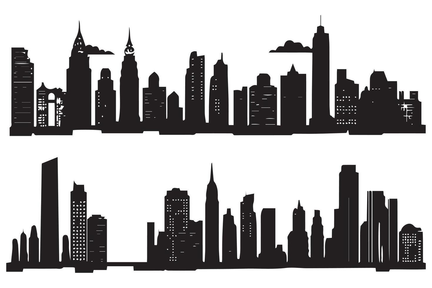 uppsättning av stad silhuett i platt stil. modern urban landskapsk illustration. stad skyskrapor byggnad kontor horisont på vit bakgrund fri design vektor