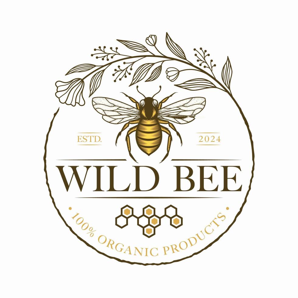 hand dragen honung bi med blommor logotyp illustration vektor